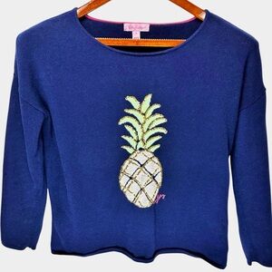 Lilly Pulitzer Sequin Pineapple Sweater Blue Gold‎ Cotton Tropical Coastal Sz S